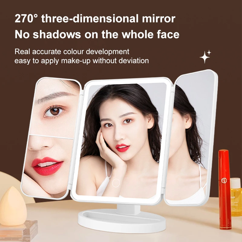 Three Folding Makeup Mirror Led Fill Light Magnified Mirror USB Rechargeable 3 Gears Light Color Rotating Storage Vanity Mirror