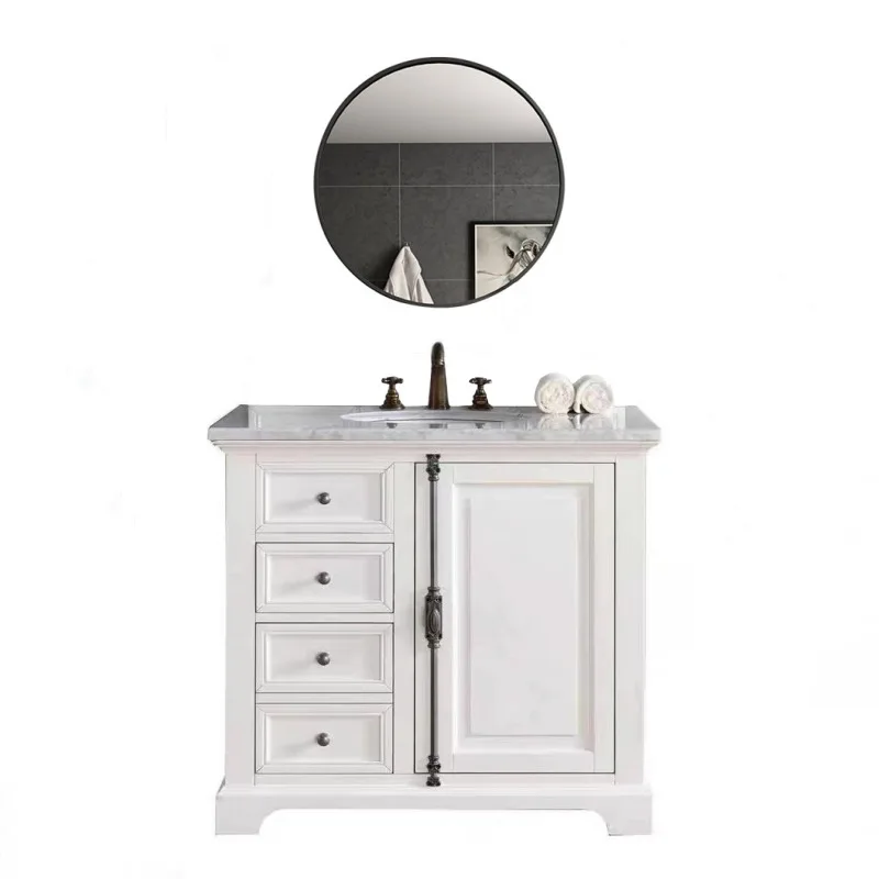 Solid wood bathroom cabinet, washbasin cabinet combination, rock slab marble washbasin, floor-to-ceiling bathroom cabinet