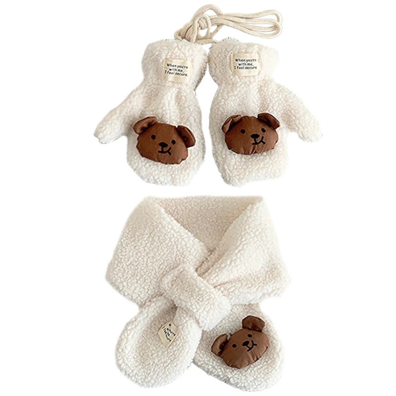 Bear Themed Scarf and Gloves Set for Boys Girls 2-6T, Breathable Long Muffler with Mittens for Outdoor Activity