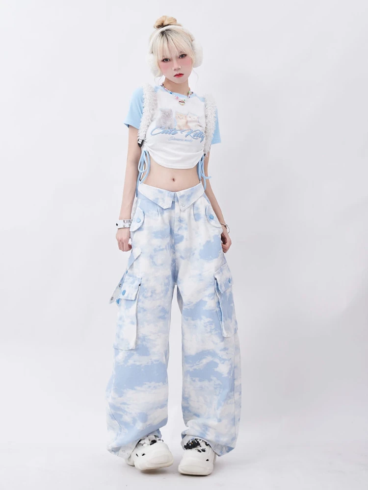 2024 Tie-dye Streetwear Cargo Punk Straight Pants Loose Y2k Aesthetic Pockets Pantalones Women Grunge Harajuku Wide Leg Trousers