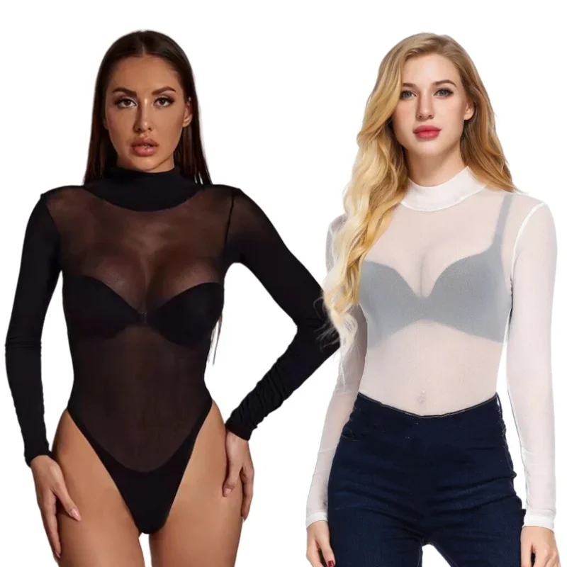 

Elastic Women's Mesh Bodysuit Sexy Plus Size See Through Stretchy Black Long Sleeve Bodycon One-pieces Bodysuits Tops for Women