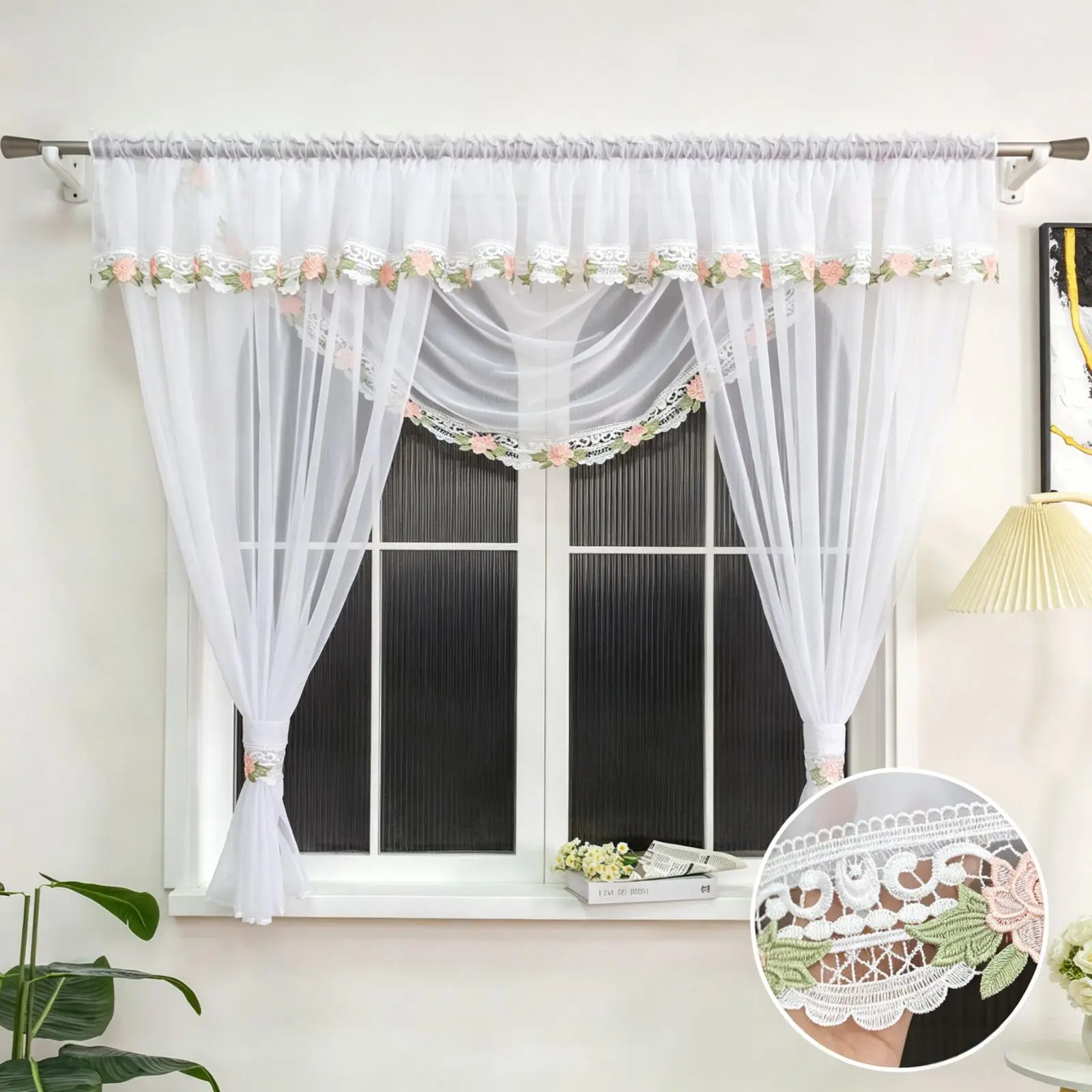 1 Cortina Transparente de Encaje Floral Francés, Gasa Delicada con Ribete de Rosas, Decoración Acogedora para el Hogar, Excelente Regalo para Padres/Inauguración de Casa