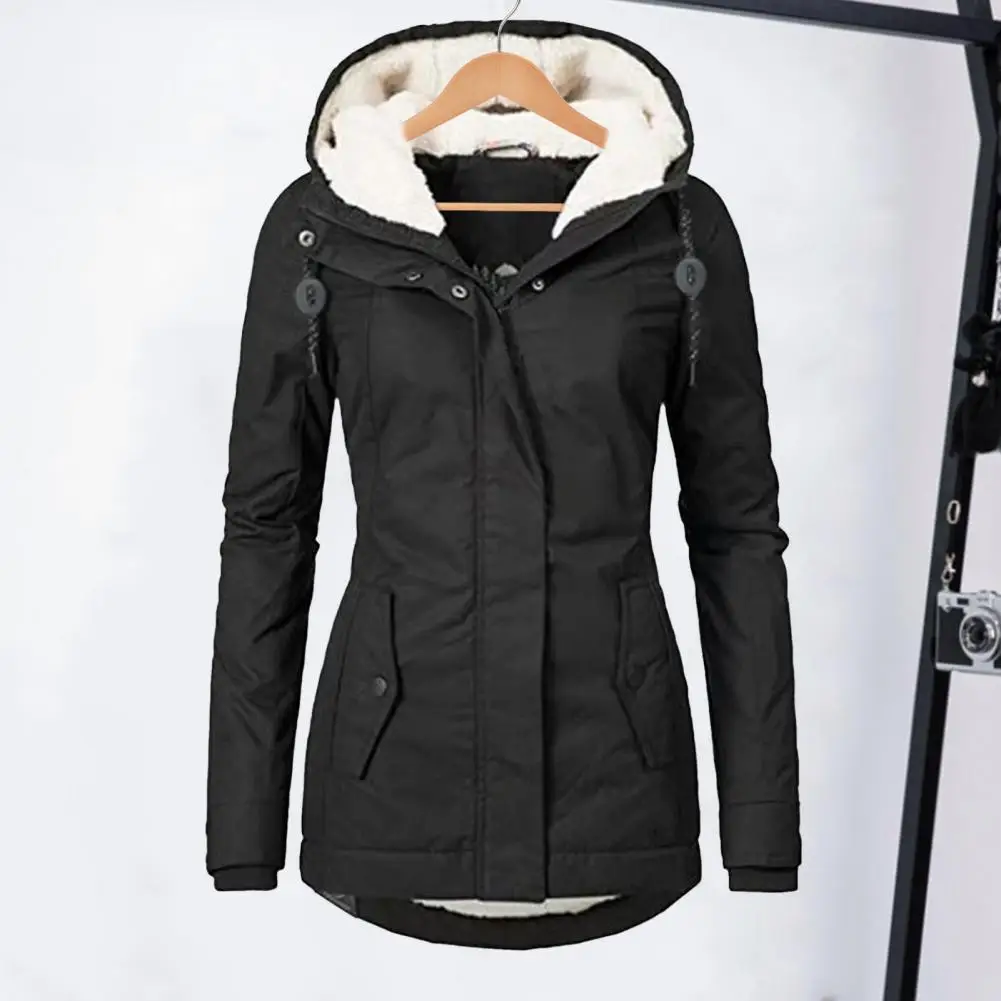 Women Padded Coat With Hood Windproof Pocket Zipper Closure Drawstring Down Coat Solid Color Heat Retention Cold Weather Outwear