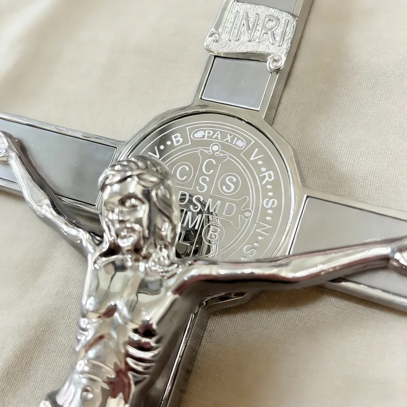 HTISOK New Elegant Polished Silver Standing Crucifix with INRI Engraving and Medallion for Home Prayer and Spiritual Protection