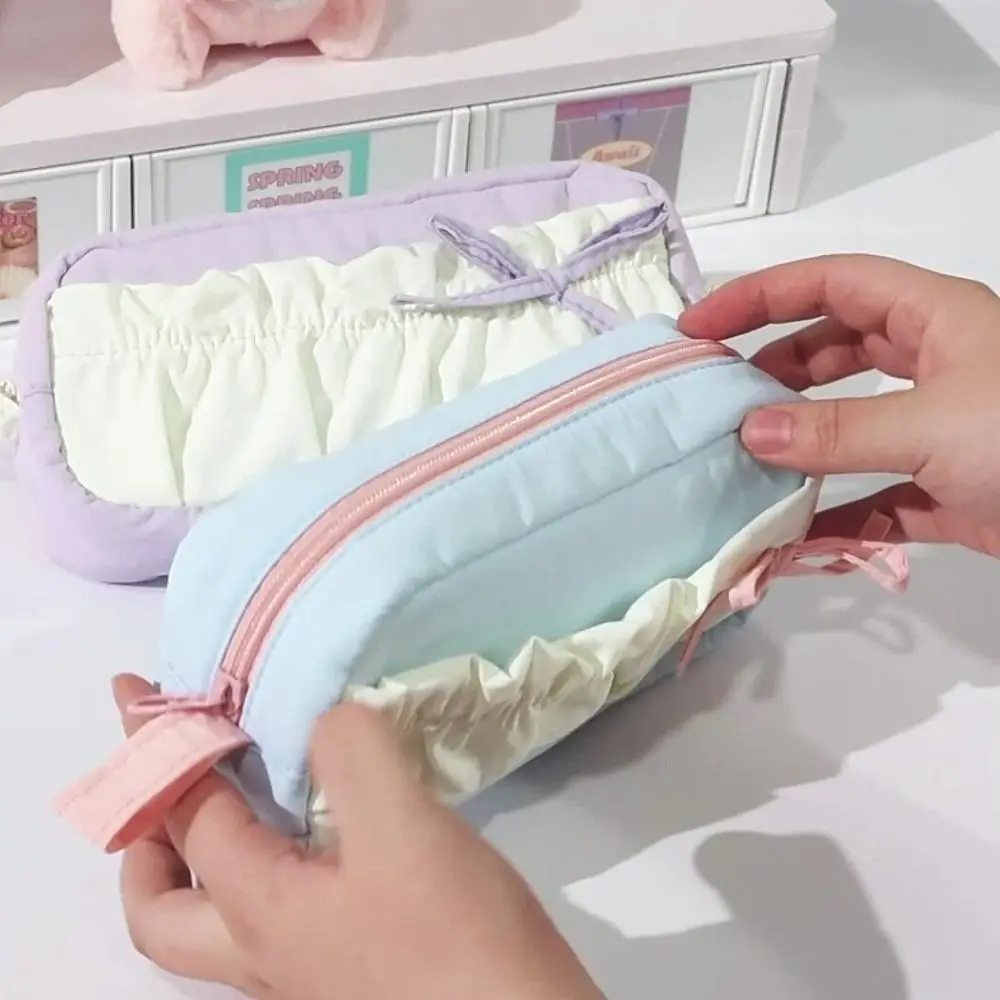 Ruffle Pen Bag Bow Cloud Stationery Bag with Lanyard Bowknot Korean Cloud Pencil Case Aesthetic Large Capacity Pencil Pouch