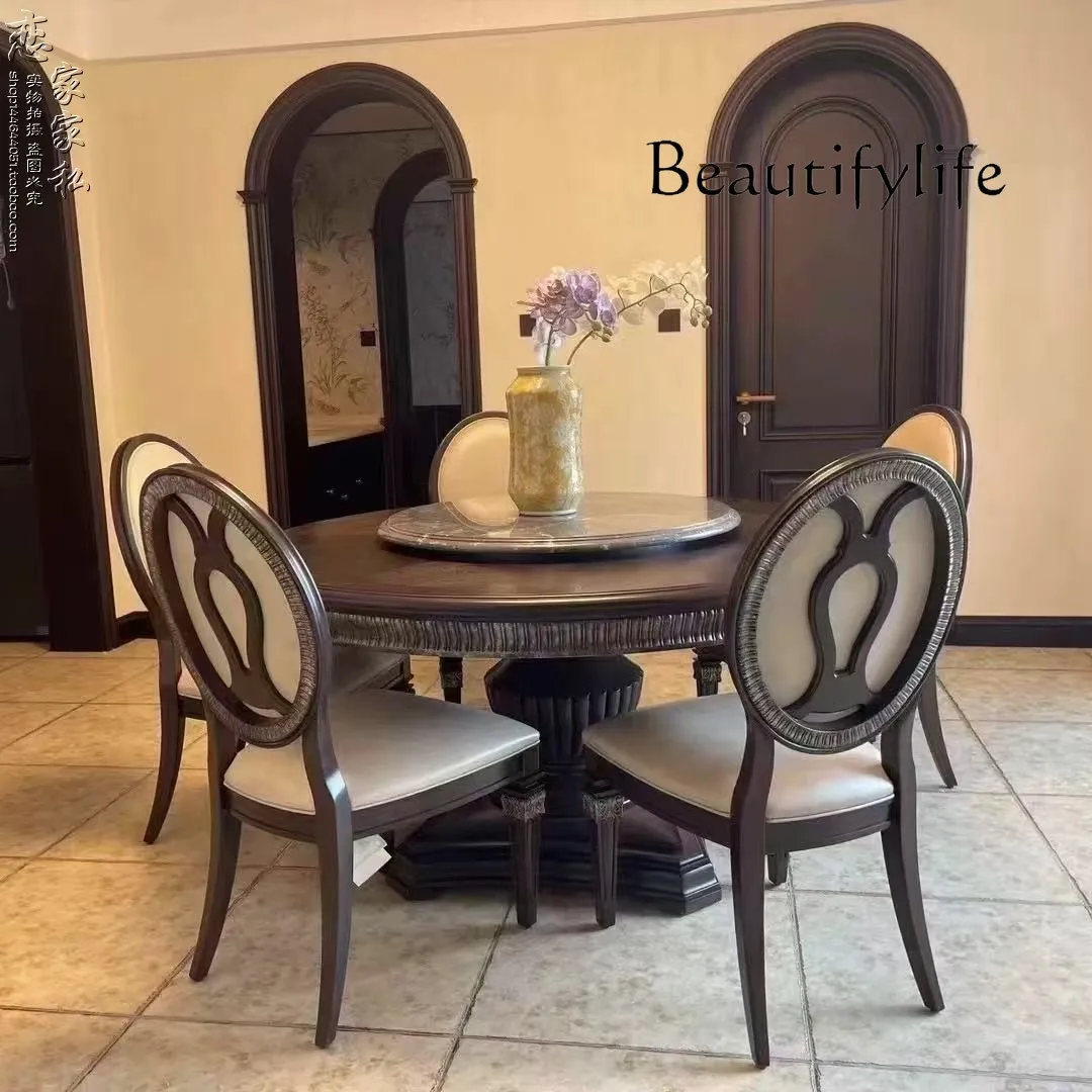 

round dining table chairs Spot American retro solid wood dining table ART solid wood dining table and chairs, French engraved