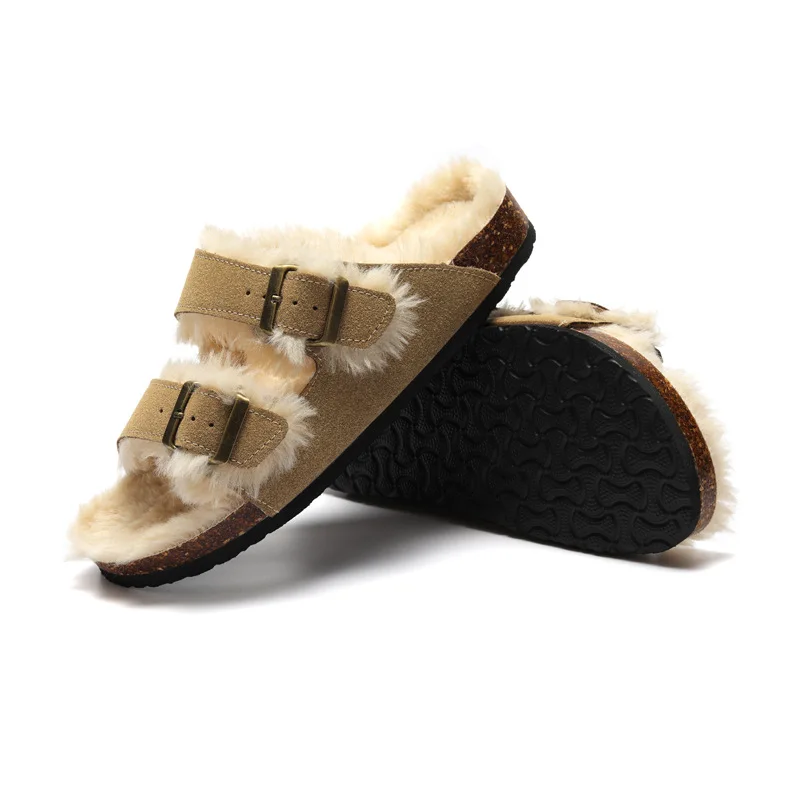 VENTACT Big Size 44-45 New Cork Sandals With Fur Warm Wear Artificial Fleece Outdoor Shoes Casual Double Buckle Clogs Slippers