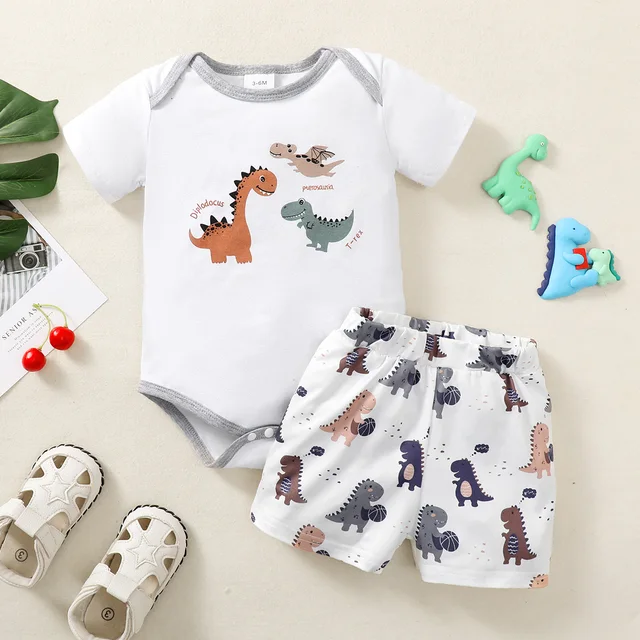 Letnie dzieci w wieku 0-1 lat fajne stroje chłopięce dinozaury z krótkim rękawem topy spodnie 2 szt. letni dres modna odzież
