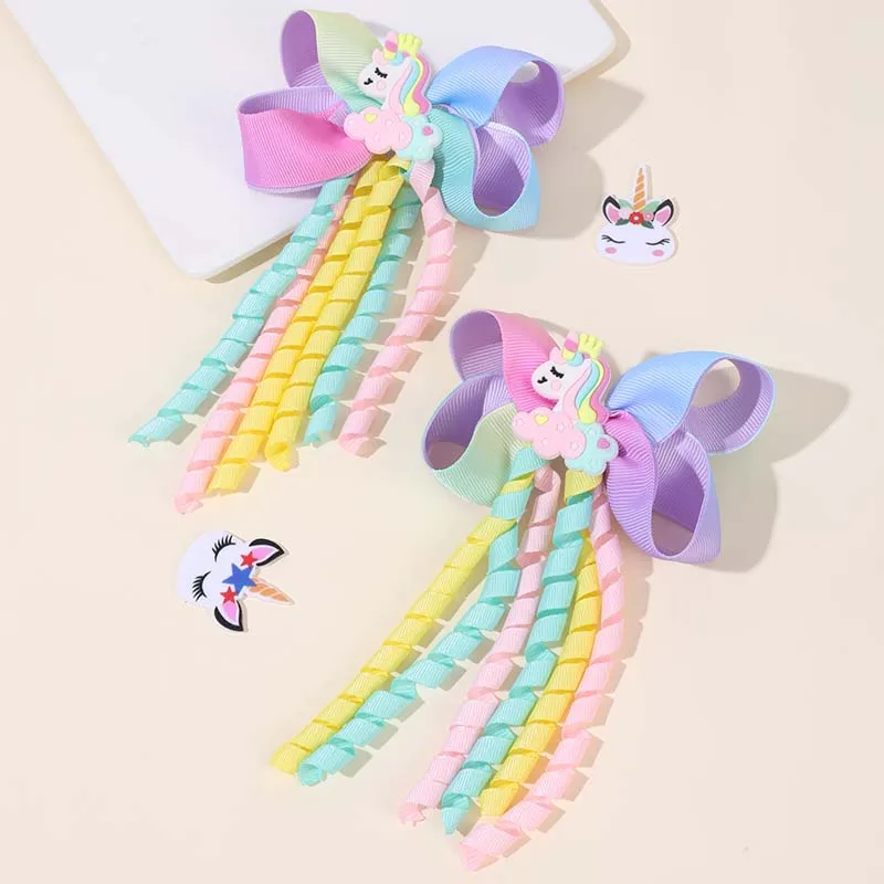 ncmama 2Pcs Cute Unicorn Hair Clips Cartoon Unicorn Hairpin for Baby Girls Boutique Ribbon Curly Barrettes Kids Hair Accessories