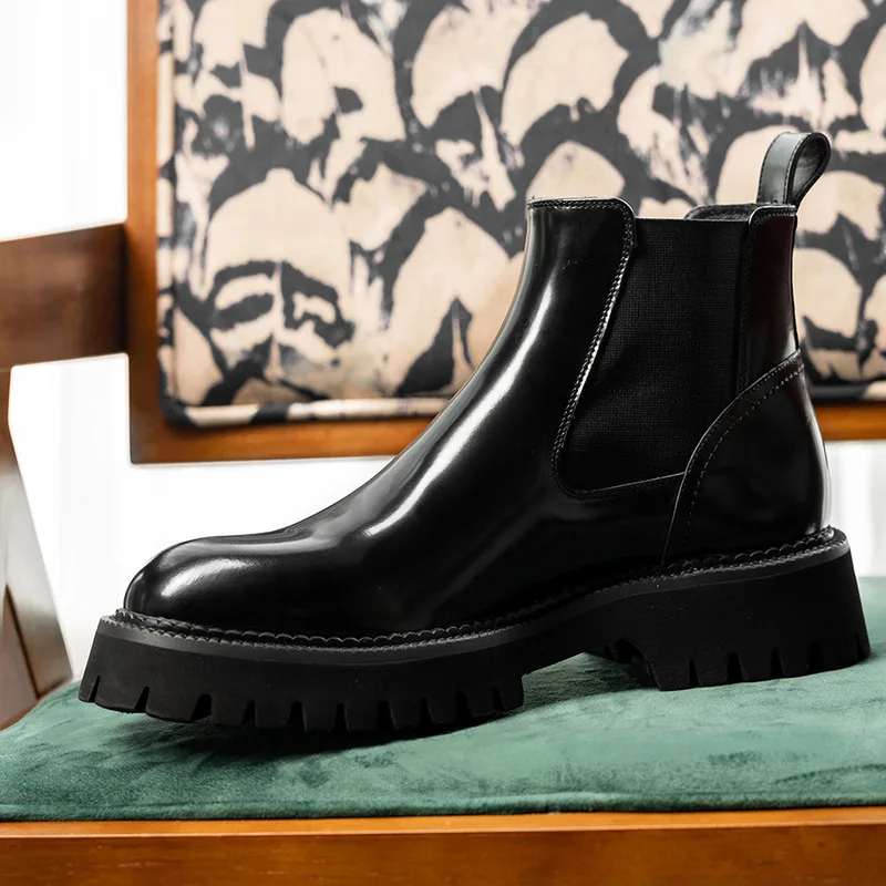 Men's Chelsea leather boots, Korean style, large toe, thick sole, trendy leather shoes, cowhide short boots for men