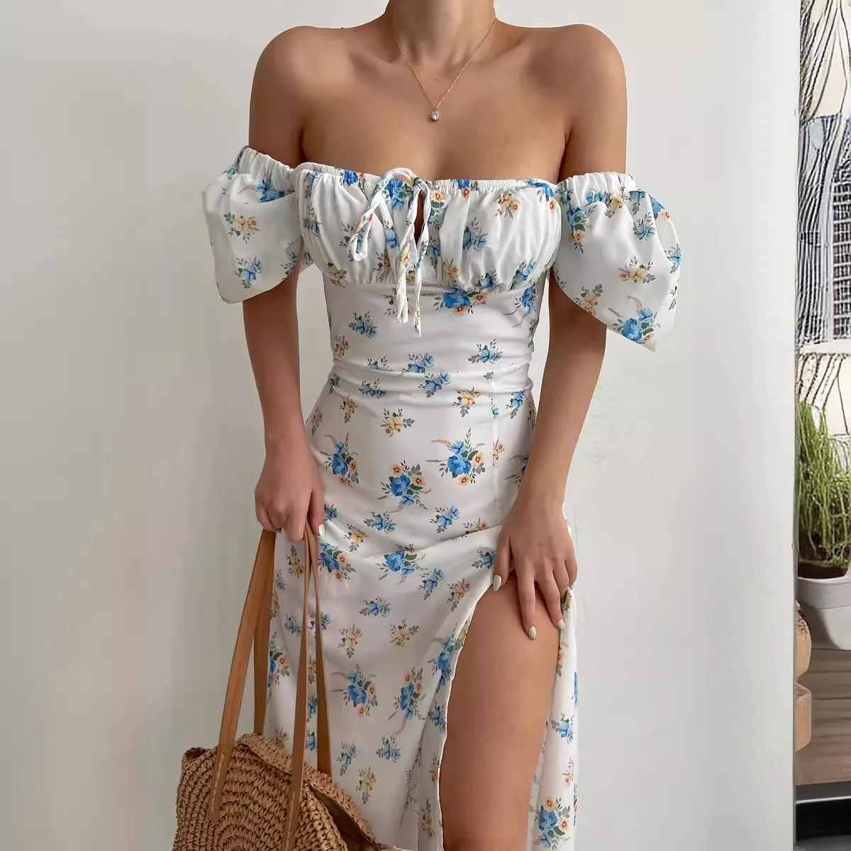 French Puff Sleeves Print Corset Dresses Flowy Side Slit Lace Up Dresses Back Zipper Women Sundress Waist Slim Dress Long Dress