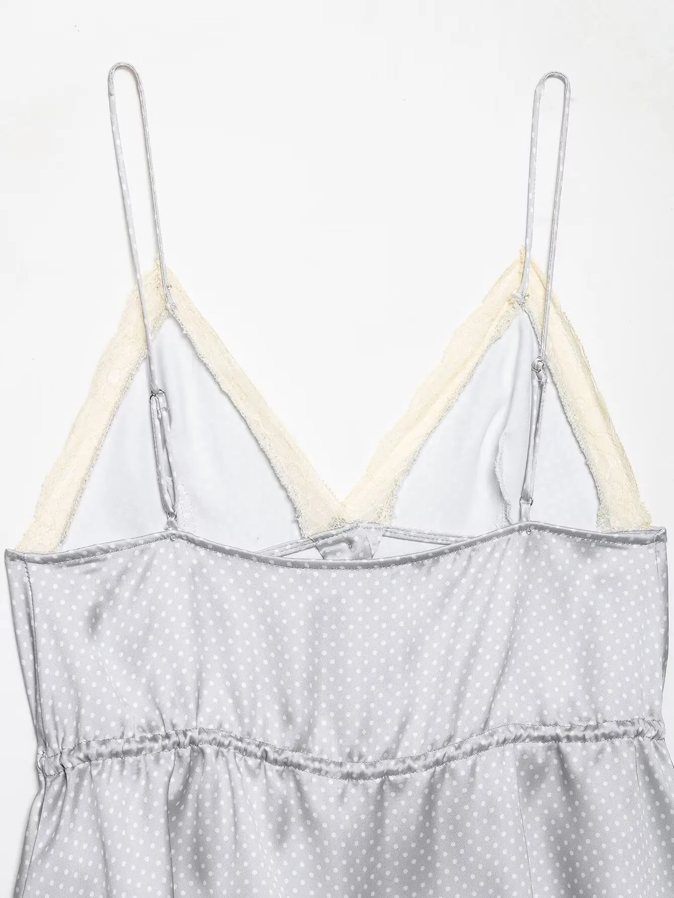 HH Polka Dot Satin Cami Top für Damen 2026 Sommer Spitzenbesatz Spaghettiträger Peplum Top Elegant Alltag Urlaub Strand Loungewear – Detail 12