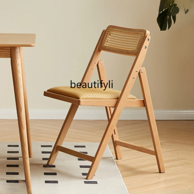 Solid Wood Folding Chair Vintage Rattan Backrest Chair Home Balcony Leisure Chair Dining Chair