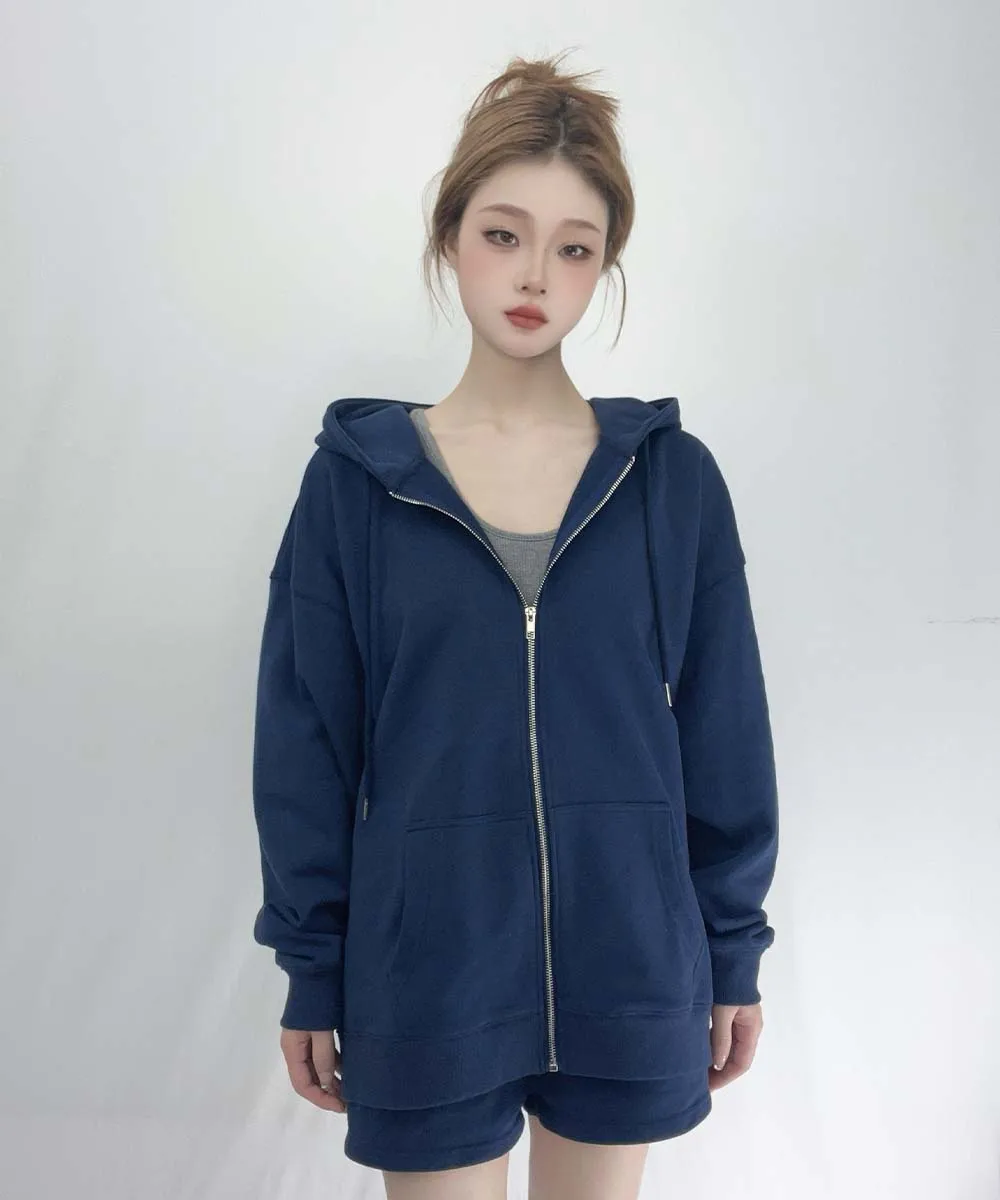 Sport Hoodie Loose Shorts 2 Piece Set Oversized Hooded Sweatshirt Women Spring Zip-up Jacket Shorts 2 Piece Suit Casual Outfit