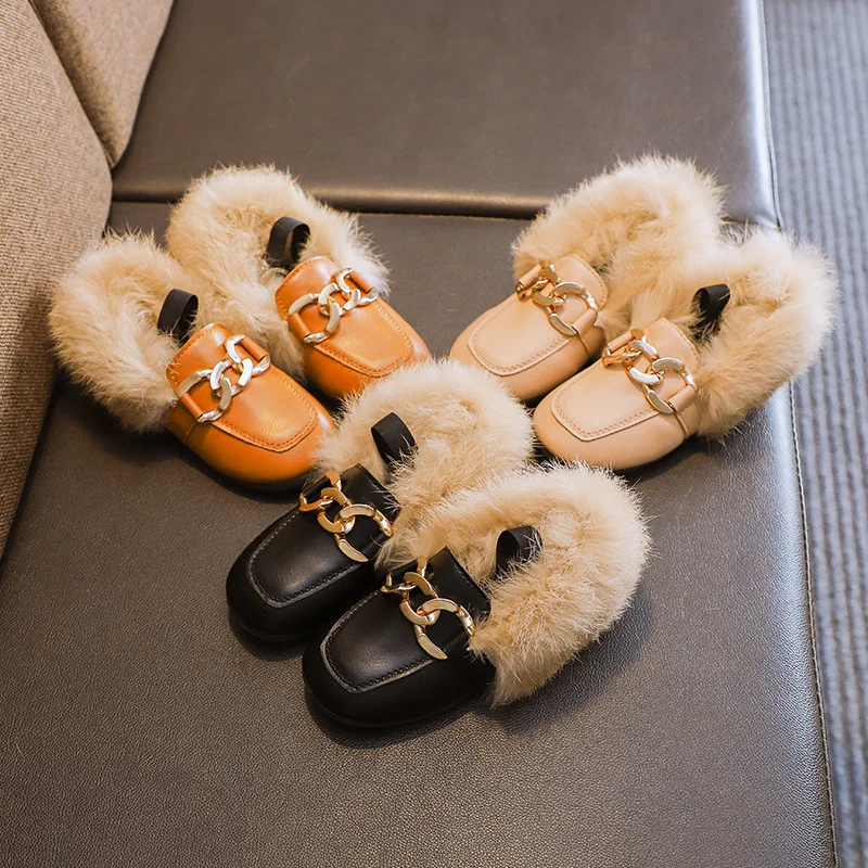 JGVIKOTO Brand Autumn Winter Girls Shoes Warm Cotton Plush Fluffy Fur Kids Loafers With Metal Chain Boys Flats Children Loafers