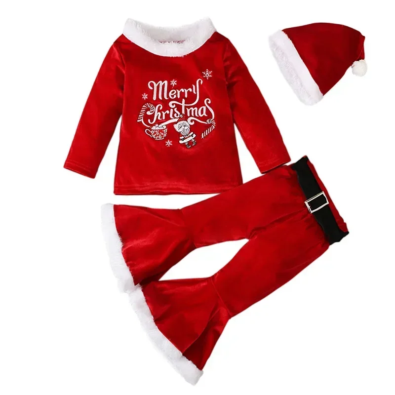 2024 red cute kids little Santa velvet bell bottom set baby girl Santa Claus costume