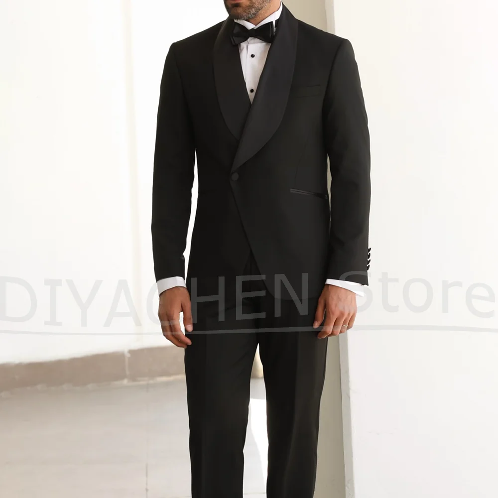 

Элегантные мужские костюмы, черный мужской костюм на одной пуговице с шалью и лацканами, модный бутик, вечерние, свадебные смокинги (пиджак + брюки)