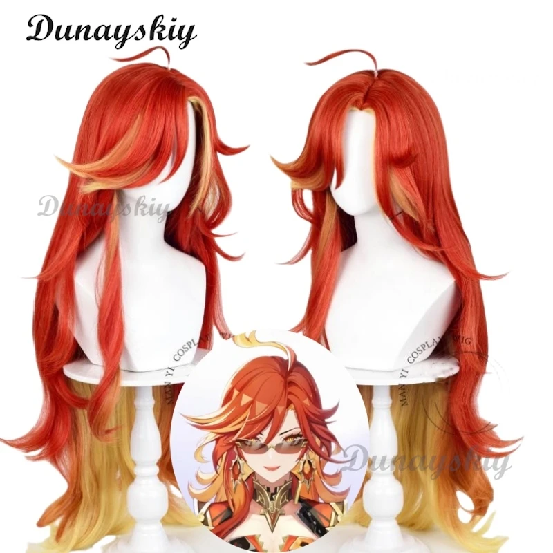 Mavuika Cosplay Wig Red Yellow Mixed 100cm Long Curly Wigs Heat Resistant Synthetic Hair Pyro Archon Mavuika Cosplay Anime Wig