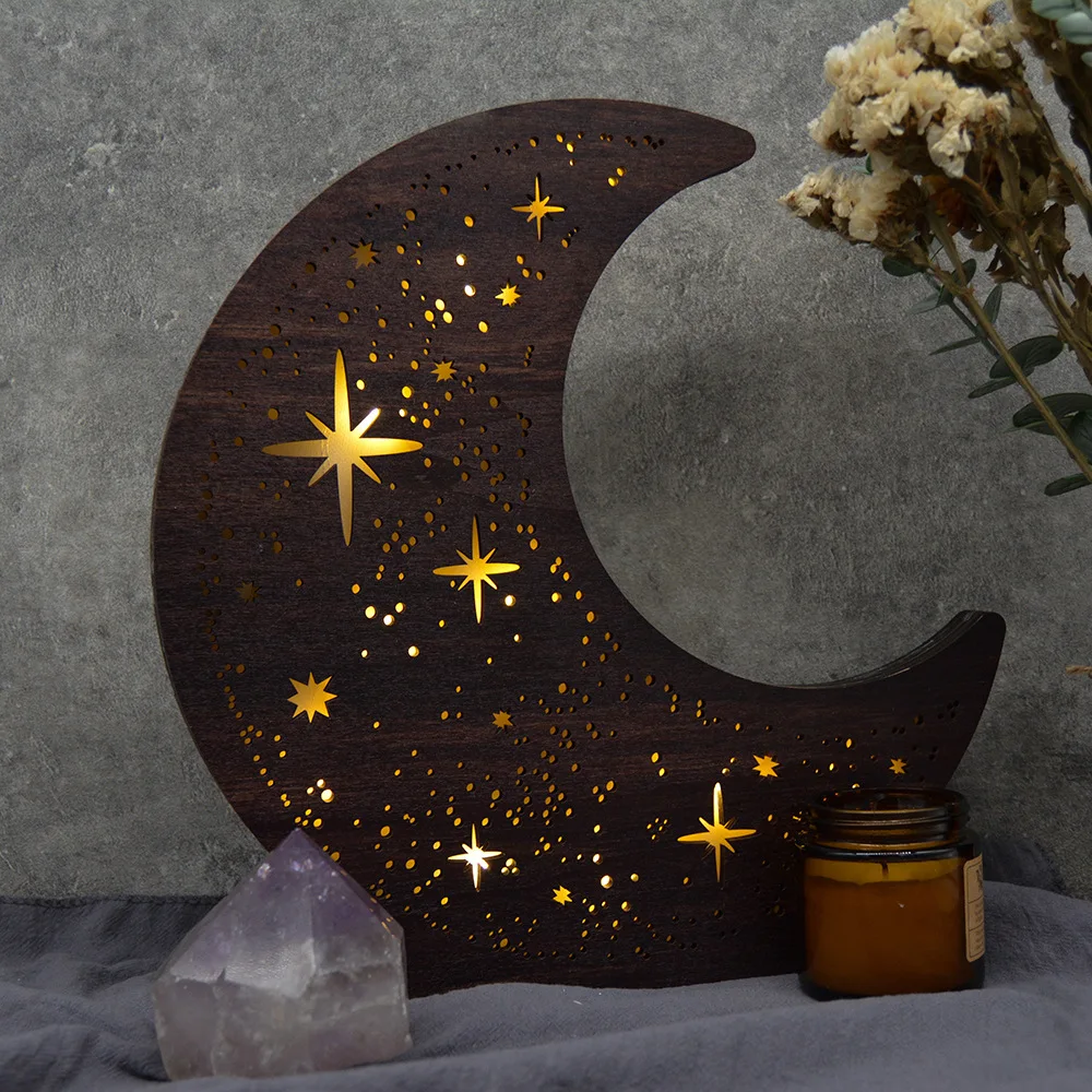 Bohemian Style Three-Dimensional Wooden Starry Sky Crescent Lamp Setting Platform Holiday Home Decoration Luminous Night Light