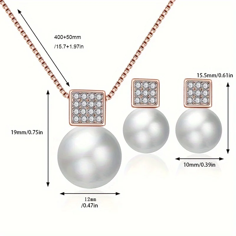 Fashion Women's Imitation Pearl Necklace Earrings Jewelry Set Simple Square Rhinestone Pendant Earrings Two-Piece Accessories Gift for Birthday/Evening/Party/Celebration/Festival Gift for Mother or Girlfriend
