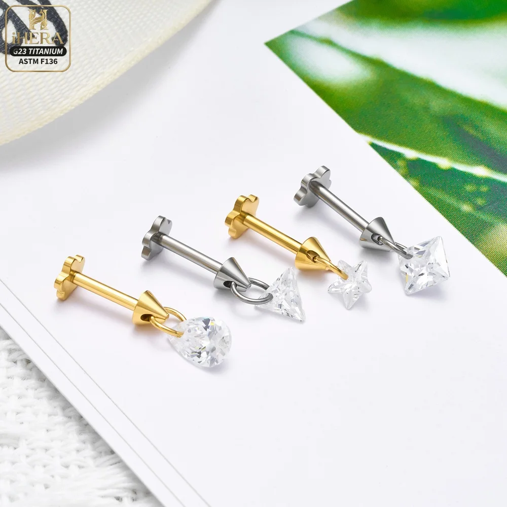 ASTM F136 Titan Gewindelose Dangle Star Pear Triangle CZ Blumen Flat Back Labret Lippen-, Ohr-, Tragus-, Helix-, Knorpelpiercing-Set – Detail 20