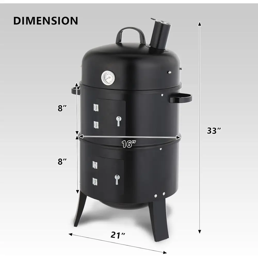 Dual-Layer Charcoal BBQ Smoker and Grill with Built-in Thermometer and Hooks, Outdoor Patio, Camping, Heavy Duty, Black