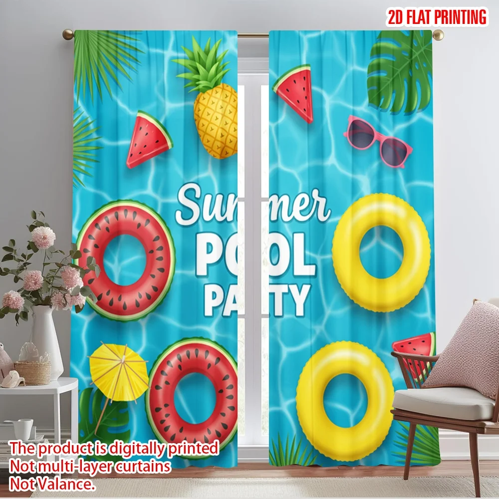 

2pcs 2D flat printing Curtains Summer Pool Party Pineapple 100% Polyester Without Electricity Festive Wall Decor Perfect for