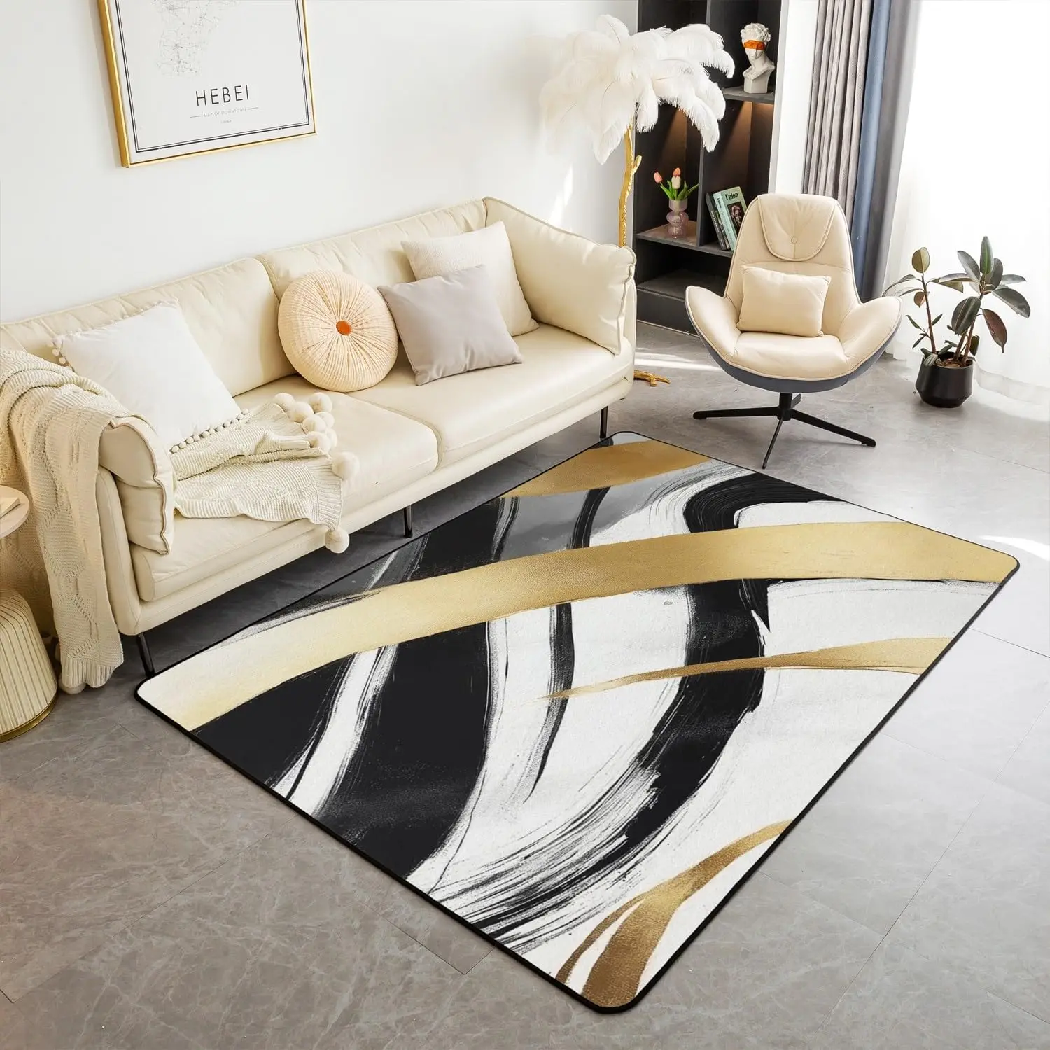 Black White Gold Area Rug Kids Abstract Line Living Room Rugs for Bedroom Modern Geometric Indoor Floor Mat Polyester Room Decor