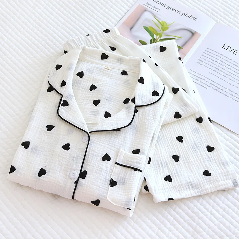 

Women Pajamas Set Casual Cotton Sleepwear Spring Autumn Long Sleeve Lapel Heart Print Homewear Female Comfort Loungewear Set
