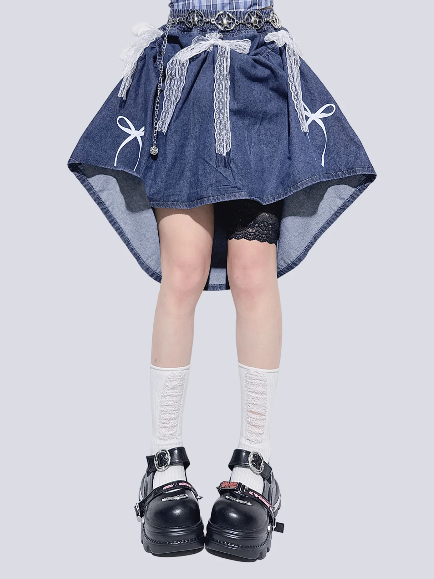 Sweet Bow Retro Denim Can Change Temperament Multi-hour Wear Skirt Japanese Subculture Versatile Skirt Lace Up Lace A-line Skirt