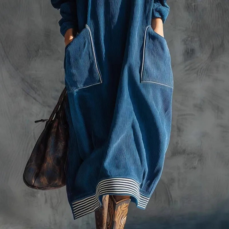 Women's Vintage Blue Ribbed Knit Dress Bohemian Turtleneck Oversized Casual Long Dress with Pockets view 4
