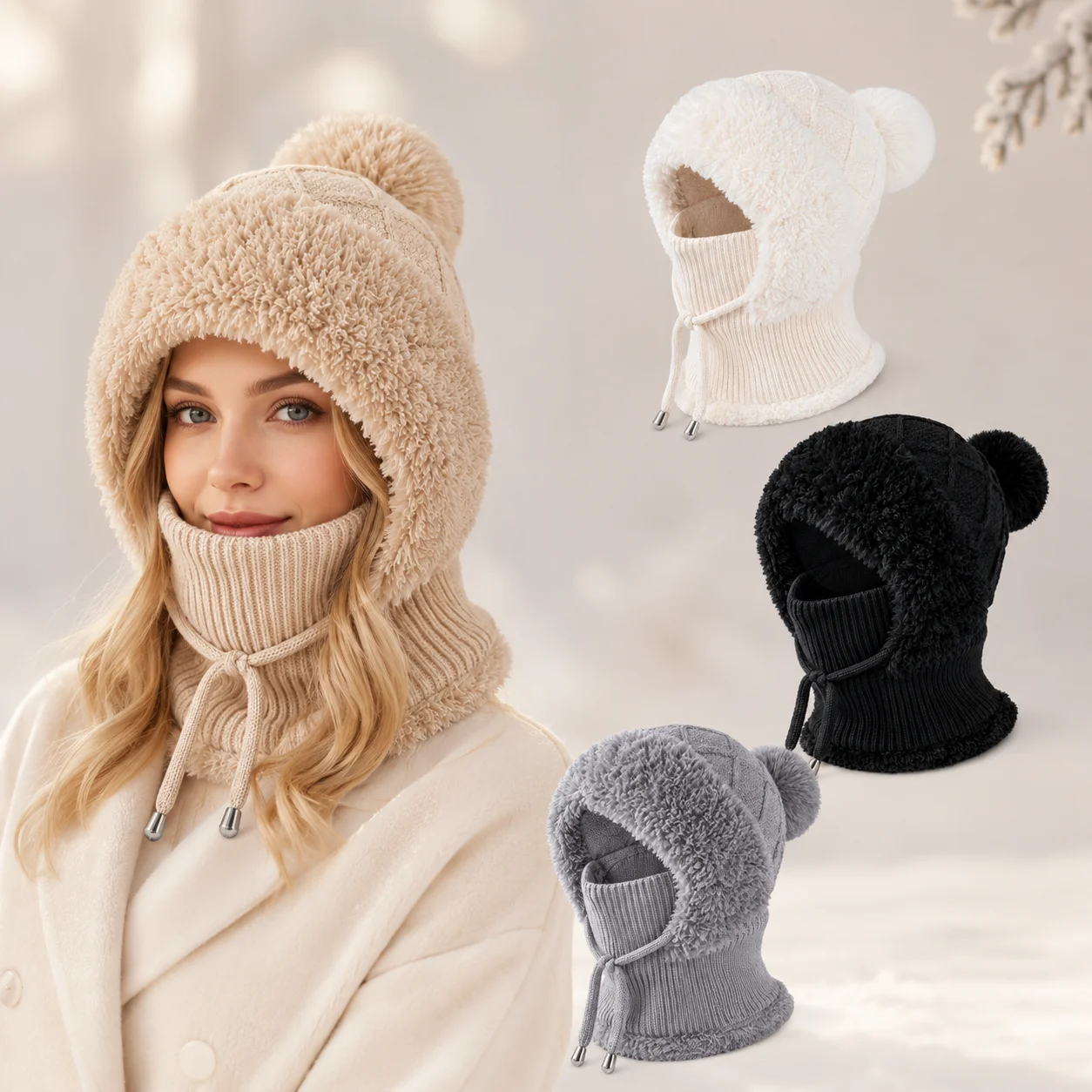 Thickened Plush Lined Knitted Hooded Hat‑Scarf Integrated Cap,Cold‑proof Women Outdoor Head Accessories