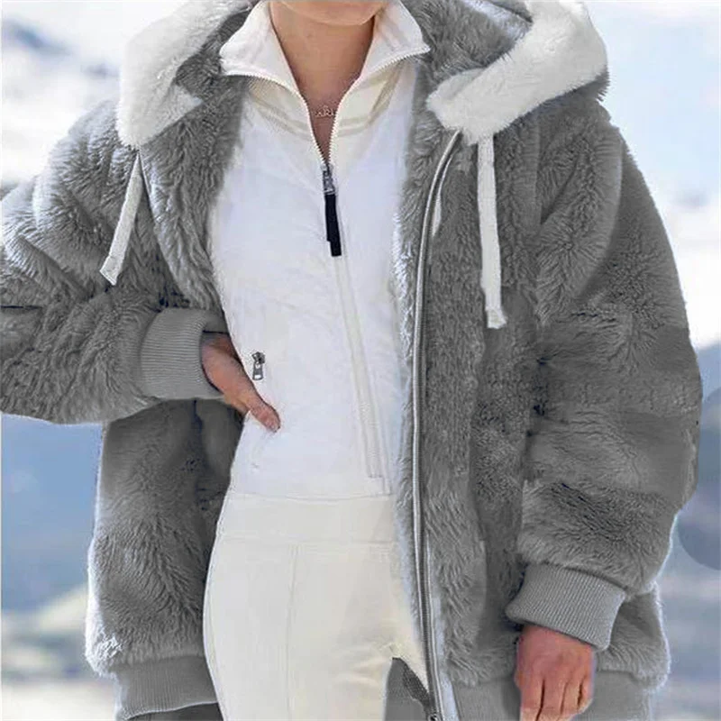 Winter Warm Women\'s Faux Fur Jacket Plush Coat New Casual Hooded Zipper Soft Fleece Cashmere Jackets Female Thick Clothing y2k