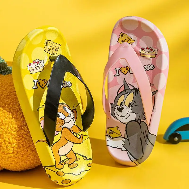 

р ‌ Eal фотографии новые летние удобные розовые шлепанцы с изображением кота и мыши, королевские синие модные детские тапочки для девочек