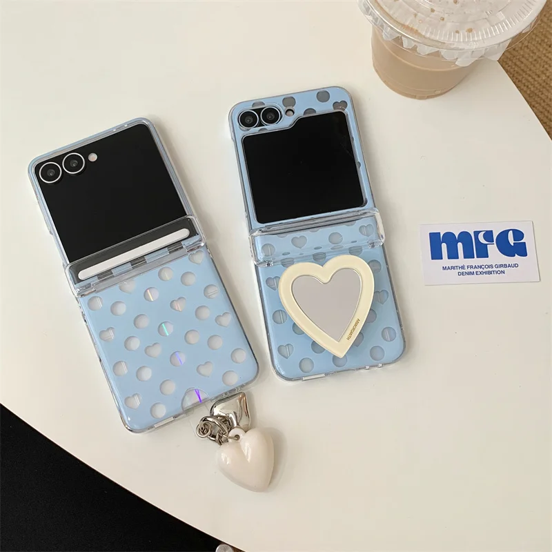 

Для Samsung Galaxy Z Flip 7 FE 6 5 4 3, чехол с милой волнистой точкой, кронштейн с сердечком, подвеска, шарнир, вставка для карт, задняя крышка