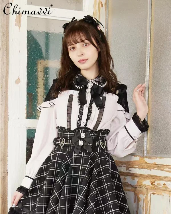 

Japanese Mine Mass-Produced Lace Bowknot Blouse Hollow-out Off Shoulder Lace Sweet Cute Lolita Tops Long Sleeve Shirt Blusas