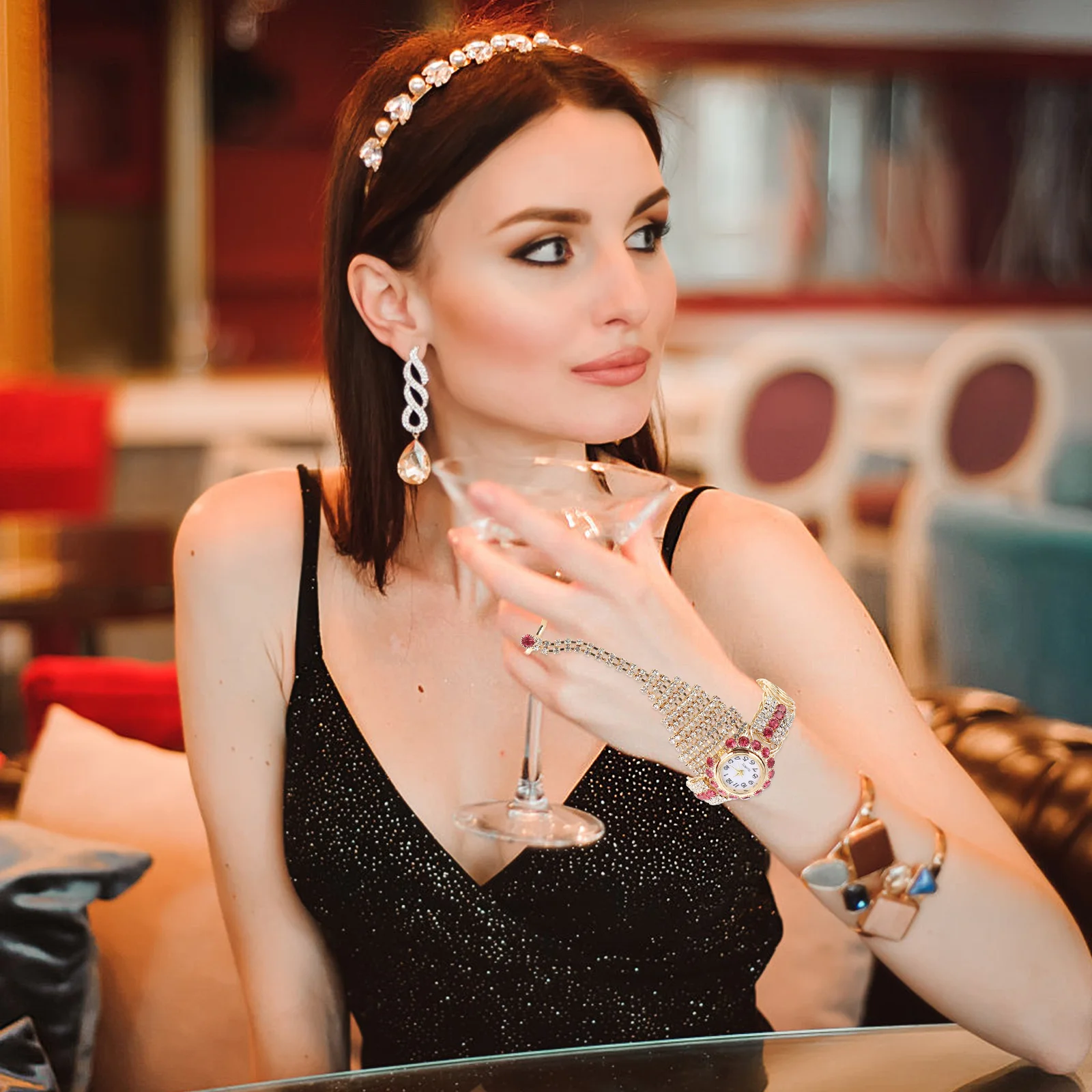 

Rhinestone Ring Bracelet Watch Elegant Vintage Design Accurate Time Display Bracelet Watch Accessory