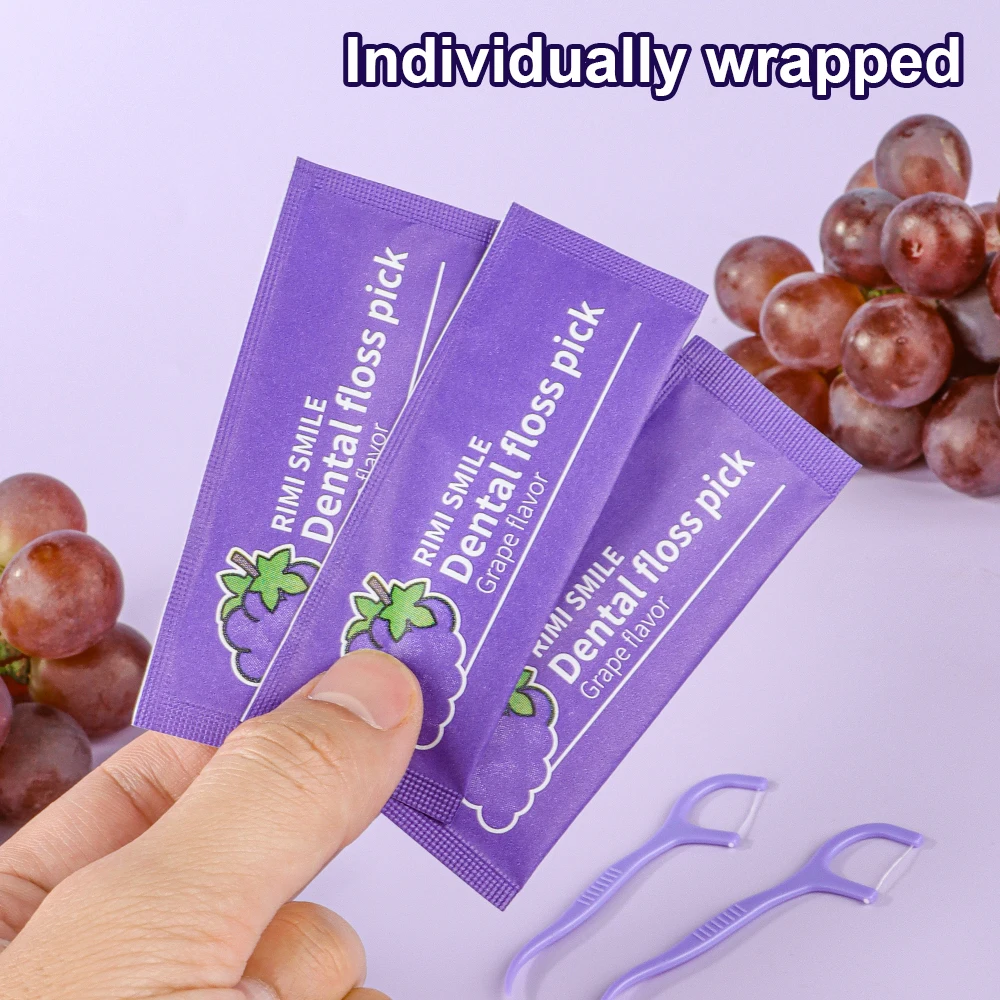 Grape Flavored Dental Floss Picks (Rimi Smile) – Individually Wrapped, Non-Slip Handle, 52/104/208 Counts