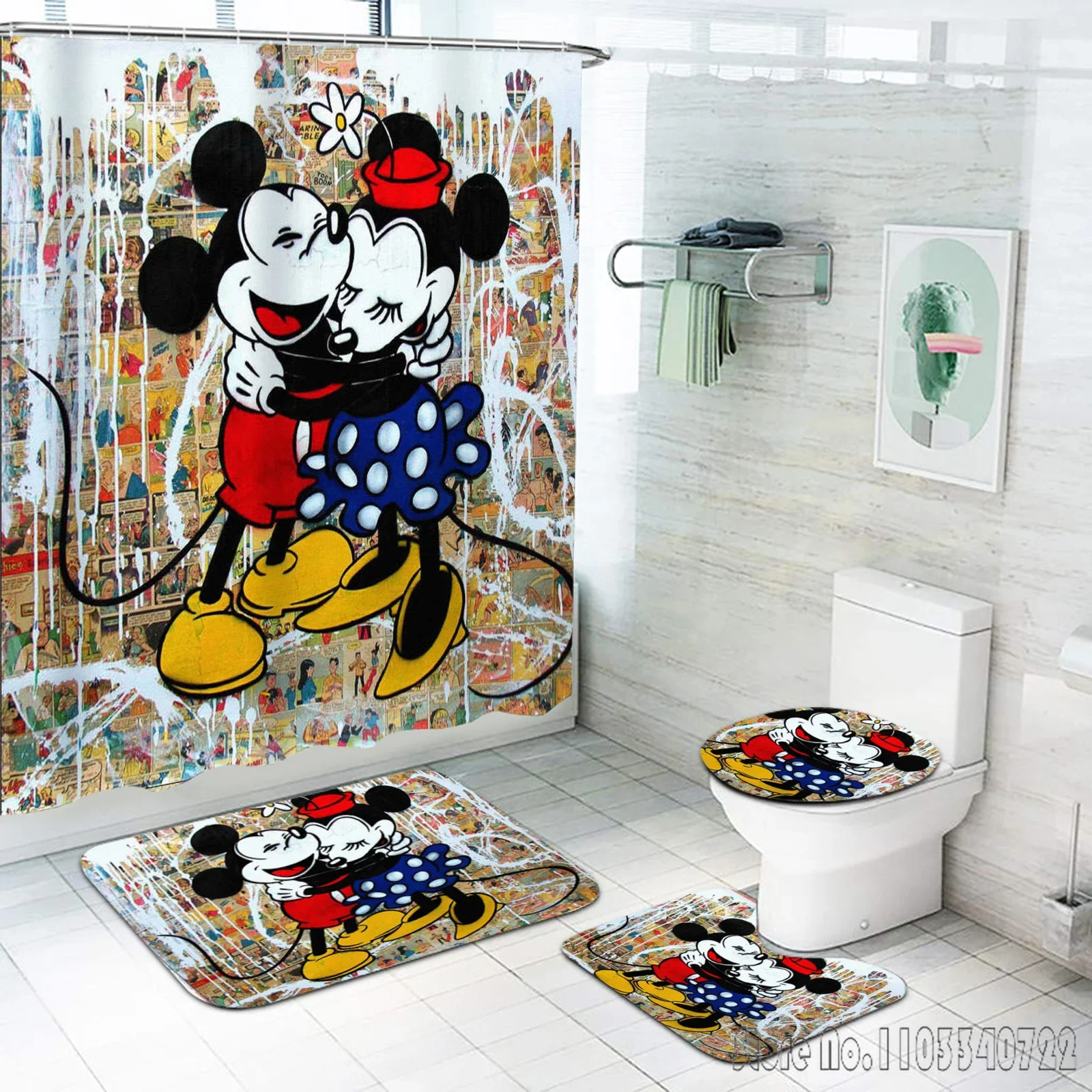 Disney Mickey Minnie Mouse Anime Bath Shower Curtain Set 4pcs with Hooks Waterproof Bathroom Toilet Mat Lid Decor