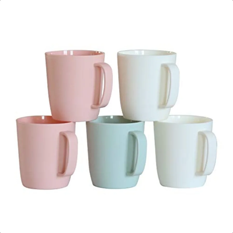 

Coffee Mugs Set of 5 10 Ounce Unbreakable Plastic Cups With Handle 3 Basic Colors Dishwasher Safe