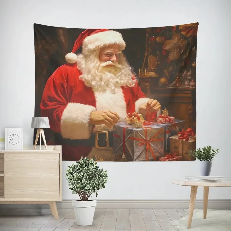 New Year Christmas Cartoon Santa Claus Sleigh Pattern Tapestry Living Room Sofa Home Decor Christmas Gift