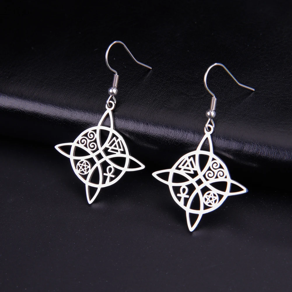 Lucktune Witch Knot Witchcraft Drop Earrings Women Stainless Steel Triskele Ankh Pentagram Symbol Earrings Vintage Jewelry Gift