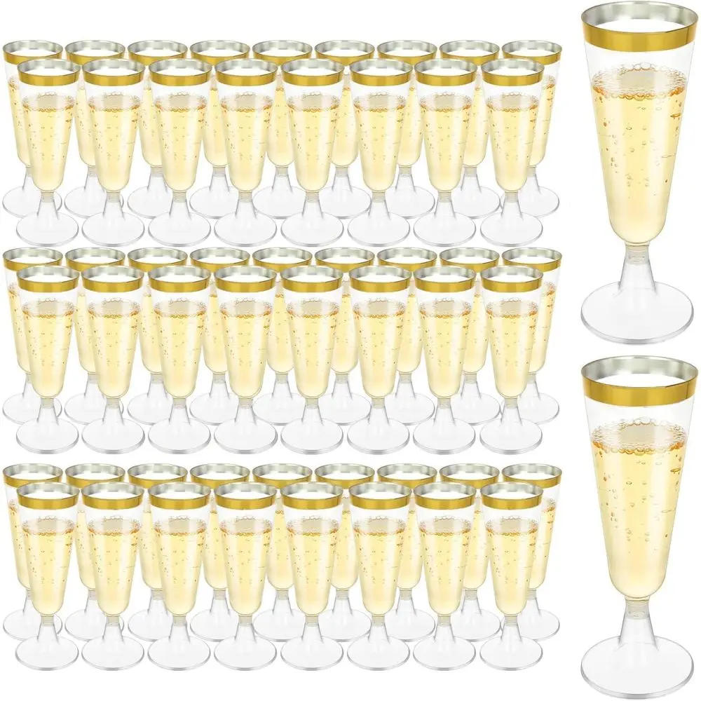 

100 шт. пластиковых бокалов для шампанского с золотым ободком, прозрачные пластиковые стаканы объемом 5,5 унций для коктейлей, вечеринок и свадеб