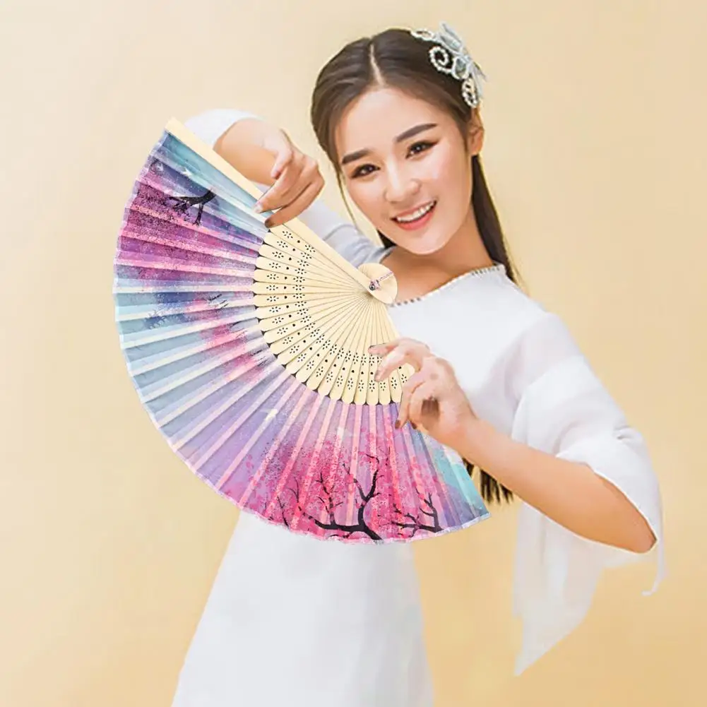 Fringed Dancing Fan Chinese Style Bamboo Folding Hand Fan with Imitation Silk Floral Print Tassel Pendant for Women Girls Dance