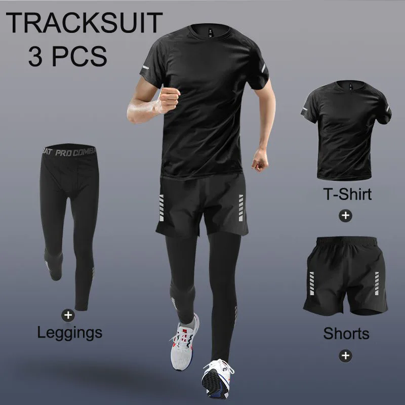 2024 New Black Running Sets Men Sportswear Sport Suits Quick Dry Clothes Sports Joggers Training Gym Fitness 3 PCS Tracksuits