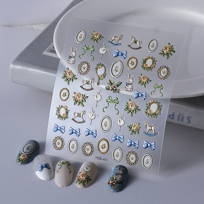 Rose Foto rahmen schöne Kaninchen weich geprägte Reliefs selbst klebende Nail Art Aufkleber niedlichen Bowknot Maniküre Aufkleber