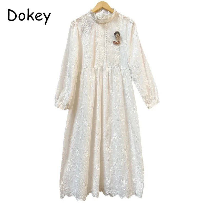 Vintage Embroidery White Long Sleeve Dress For Women Autumn Japan Style Mori Girl Stand Collar Cotton Linen Dress Casual Vestido