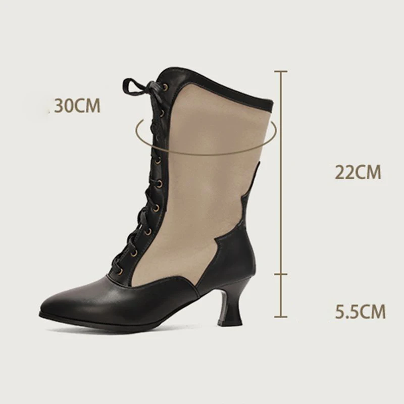 Girseaby Retro Mixed Color Women Mid Calf Boots Pointed Toe Lace Up 5.5cm Small Heels Extended Size 46 47 48 White