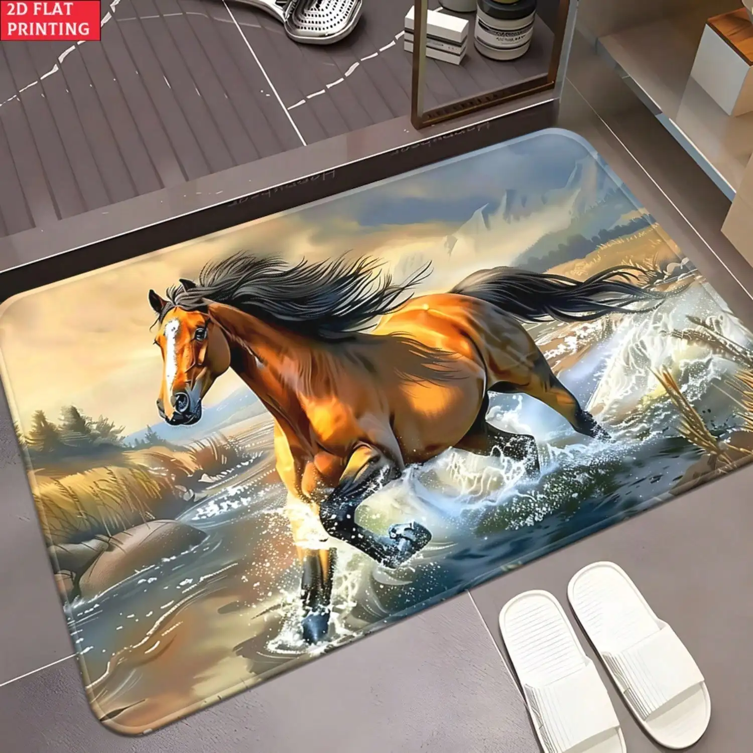 2D Flat One-Piece Running Horse Doormats Made Of 700Gsm, Featuring A Non-Slip Design Suitable For Bathrooms. This Microfiber Absorbent Rug Is Machine Washable
