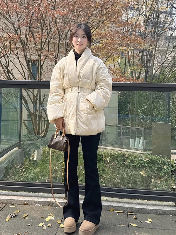 

Женская утепленная хлопковая куртка с V-образным вырезом, поясом, приталенная, зимнее пальто с длинным рукавом в корейском стиле, прямого кроя, для повседневной носки, теплая верхняя одежда